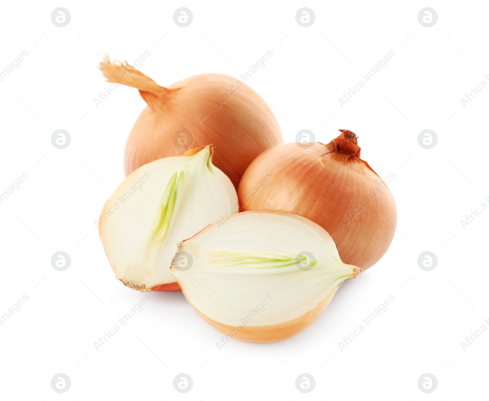 Photo of Whole and cut onion bulbs on white background