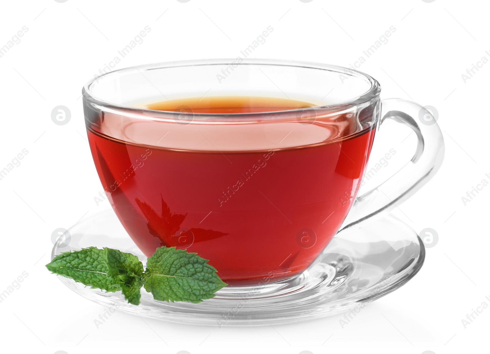 Photo of Cup with hot aromatic mint tea isolated on white