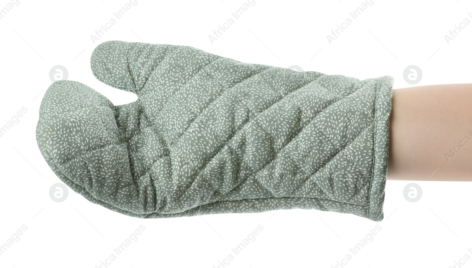 Photo of Chef in oven glove on white background, closeup