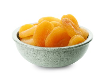 Photo of Ceramic bowl with tasty dried apricots isolated on white