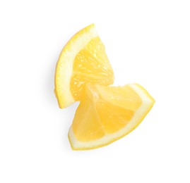 Fresh juicy lemon slices on white background, top view