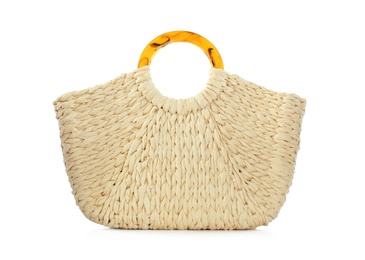 Stylish straw bag isolated on white. Summer accessory