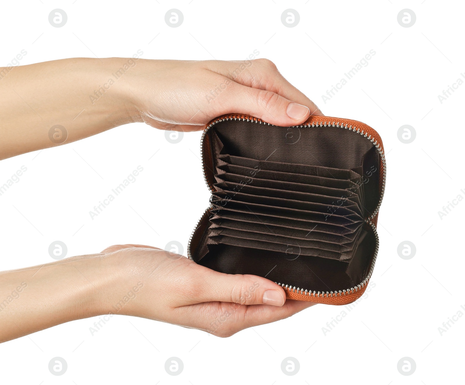 Photo of Woman with empty wallet on white background, closeup