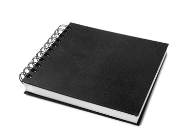 Photo of Stylish black spiral notebook isolated on white