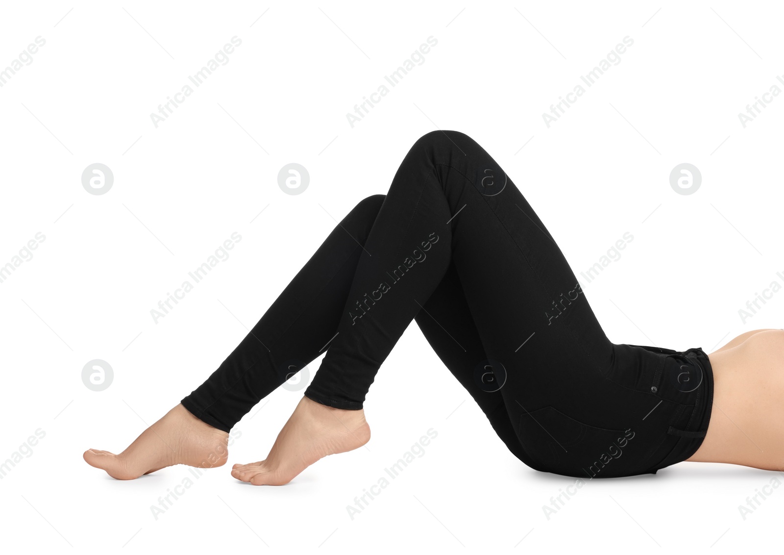 Photo of Woman wearing stylish black jeans on white background, closeup