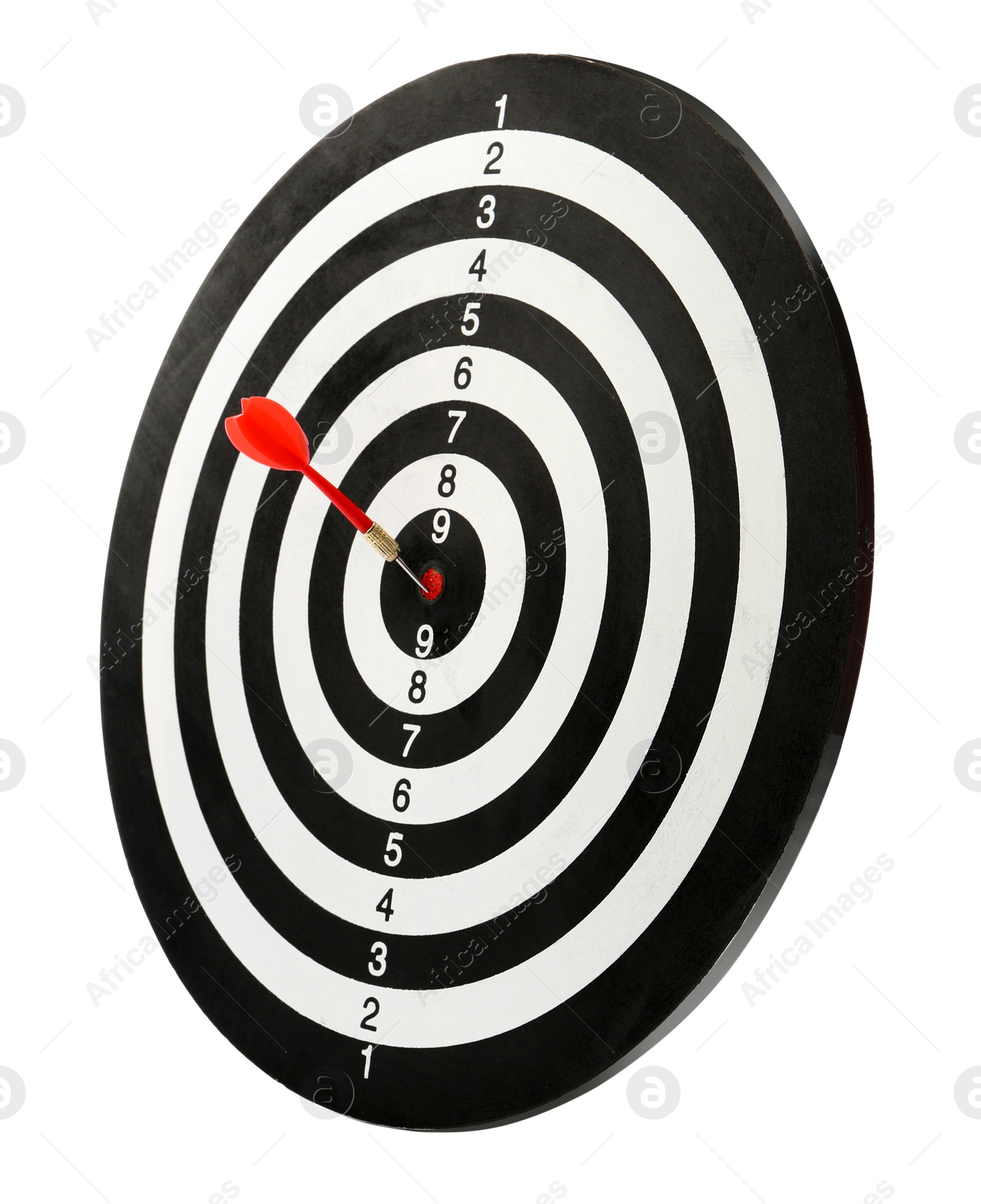 Photo of Red arrow hitting target on dart board against white background