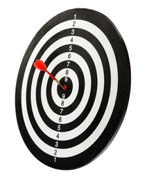 Photo of Red arrow hitting target on dart board against white background