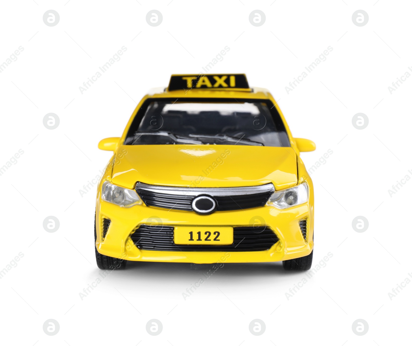 Photo of Yellow taxi car with roof sign on white background