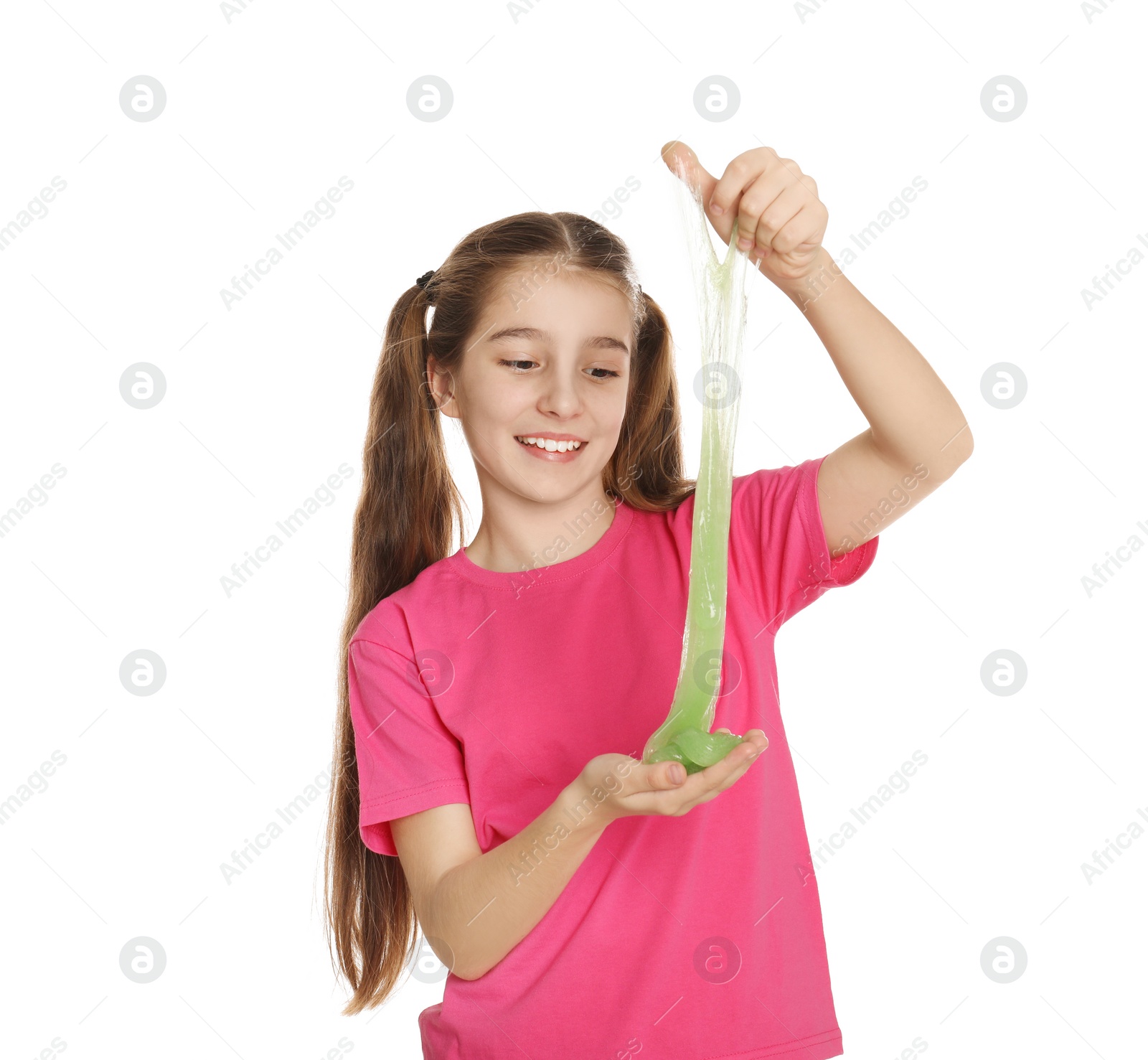 Photo of Preteen girl with slime on white background