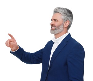 Mature businessman in stylish clothes posing on white background