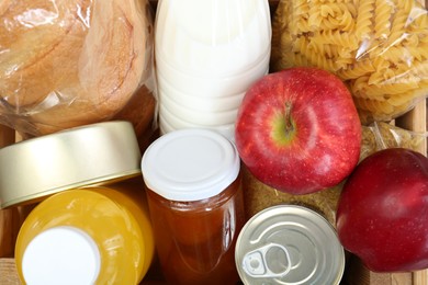 Photo of Humanitarian aid. Different food products for donation, closeup