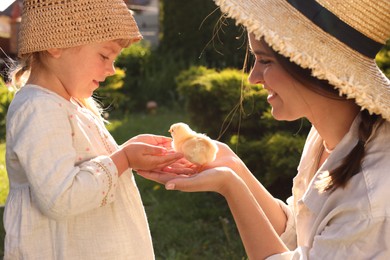 Photo of Happy mother and her little daughter with cute chick outdoors