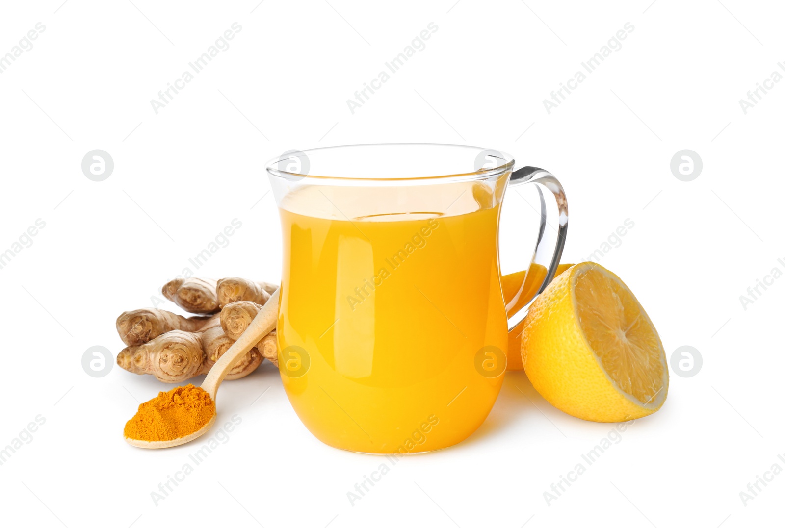 Photo of Immunity boosting drink with lemon, ginger and turmeric on white background