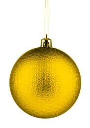 Image of Golden Christmas ball hanging on white background