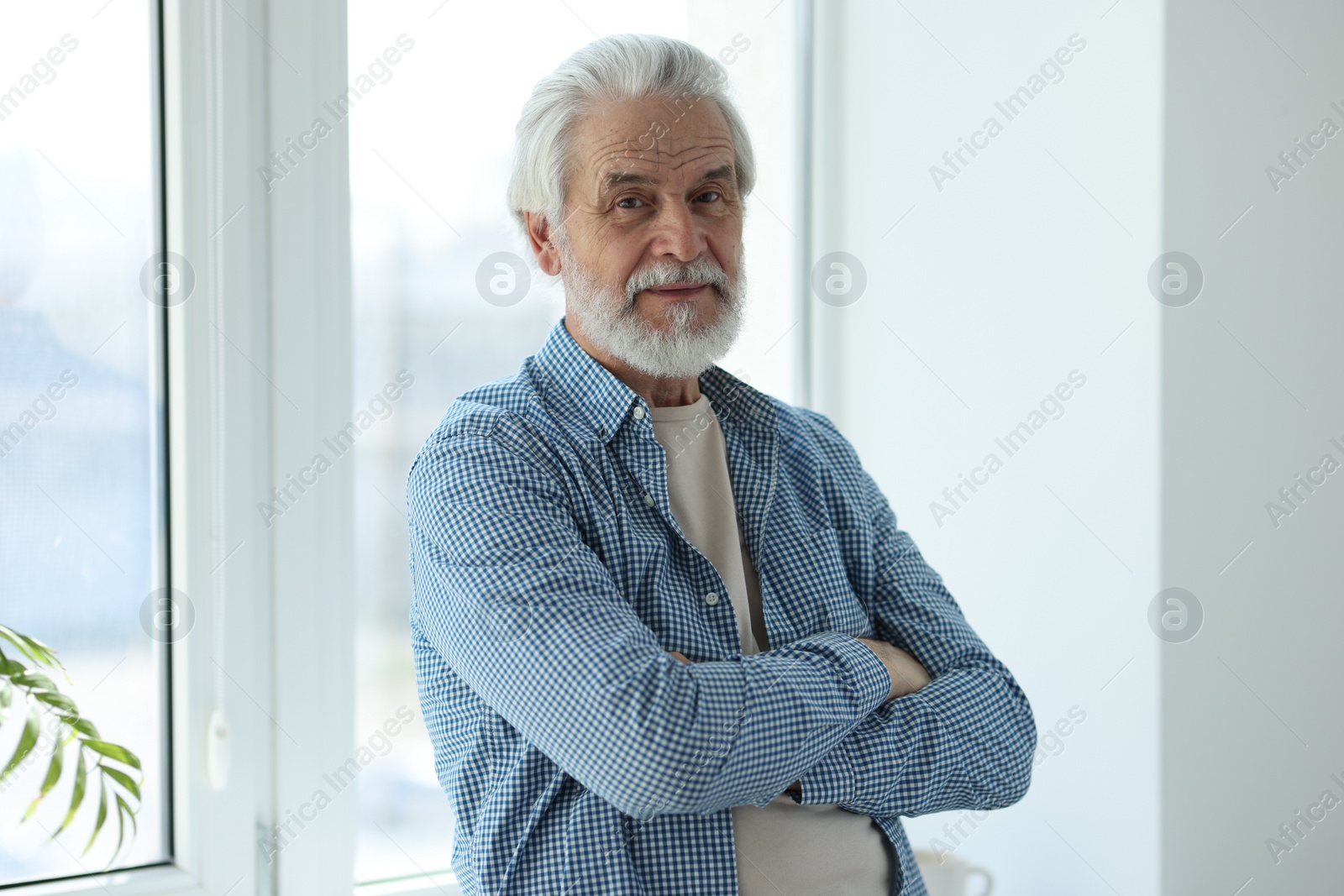 Photo of Portrait of happy grandpa with grey hair near window indoors