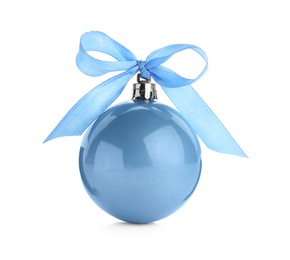 Photo of Beautiful light blue Christmas ball with ribbon isolated on white