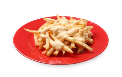 Photo of Delicious french fries with cheese sauce isolated on white