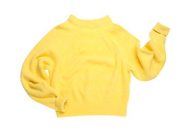 Photo of Yellow woolen sweater isolated on white, top view