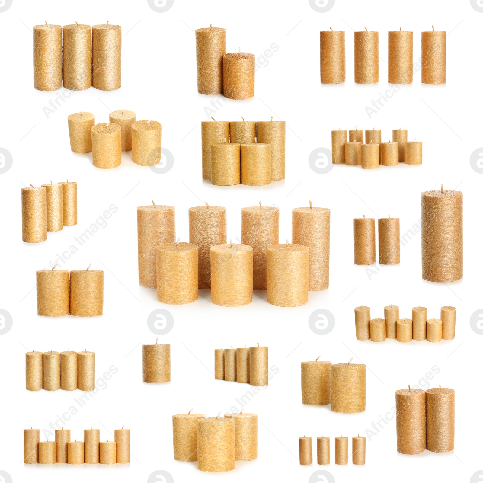 Image of Set of elegant gold candles on white background