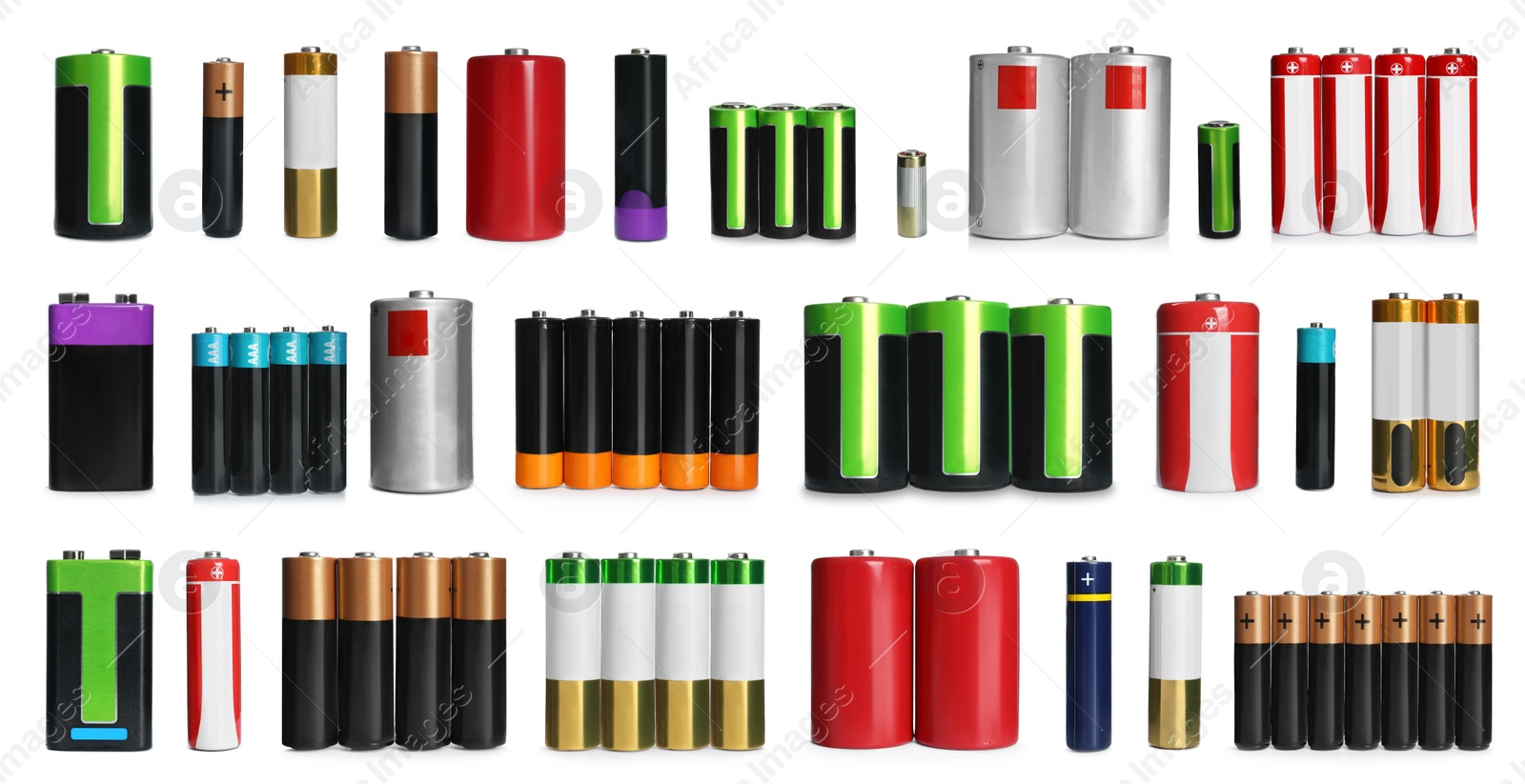 Image of Many batteries of different types on white background, collage. Banner design