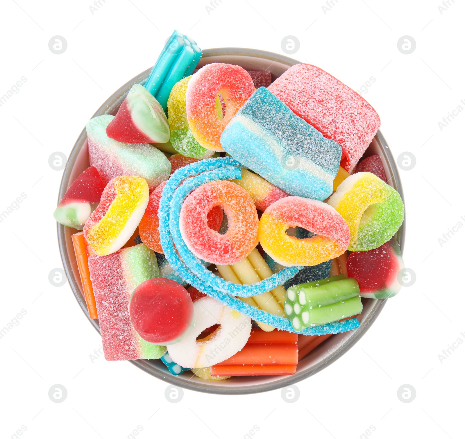 Photo of Bowl of tasty colorful jelly candies on white background, top view