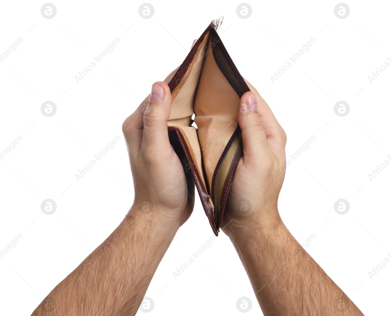 Photo of Man showing empty wallet on white background, closeup