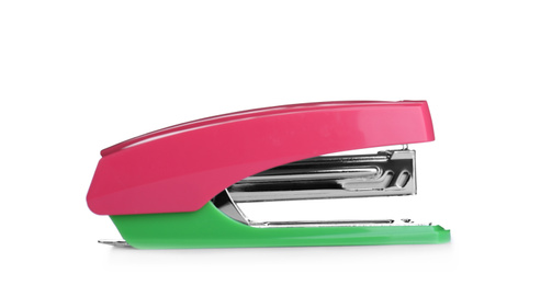 Photo of Colorful stapler isolated on white. Stationery for school
