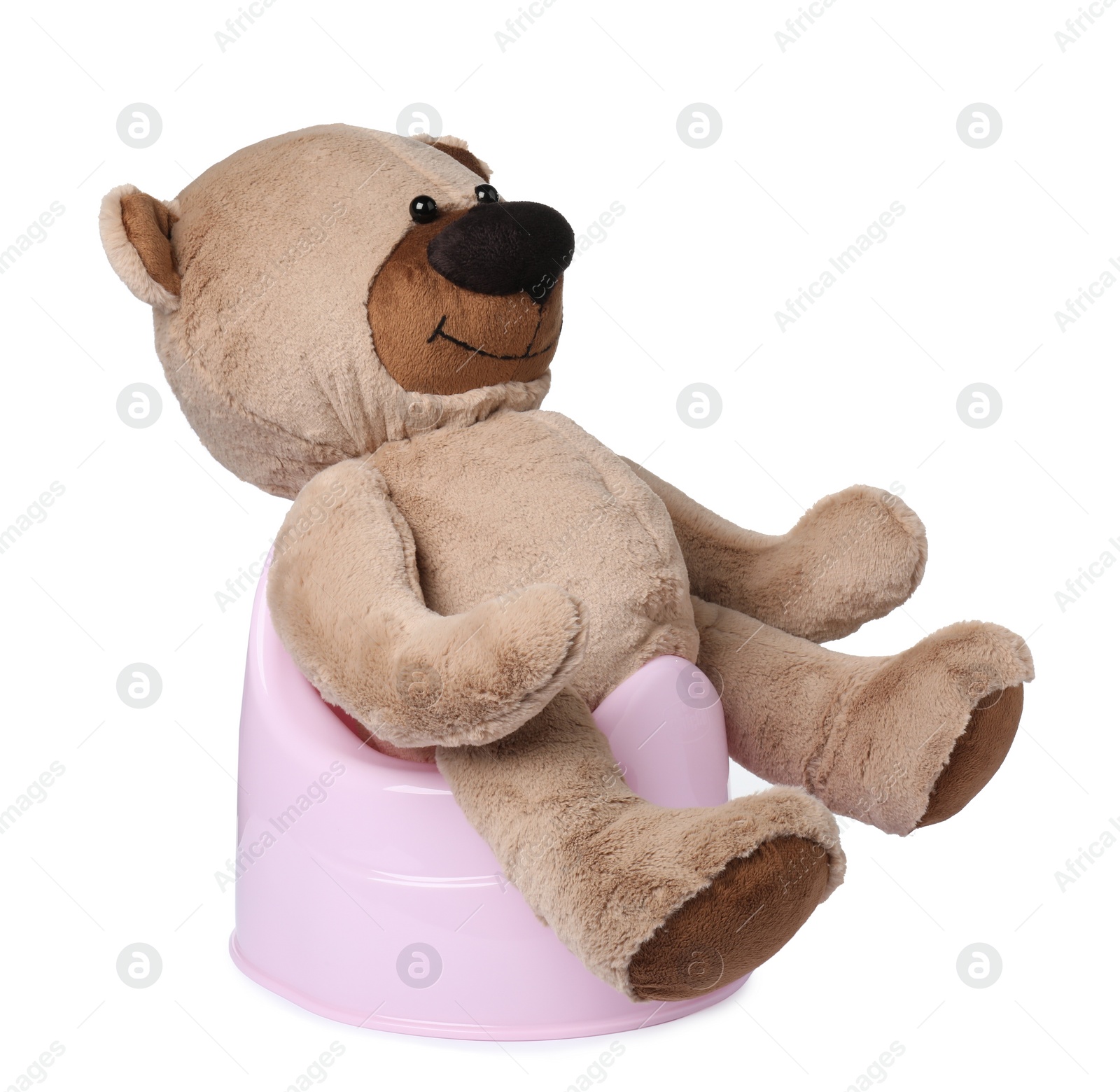 Photo of Teddy bear on pink baby potty isolated on white. Toilet training