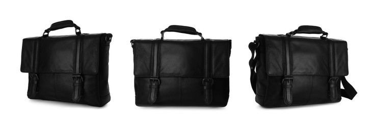 Set of stylish black leather briefcases on white background. Banner design