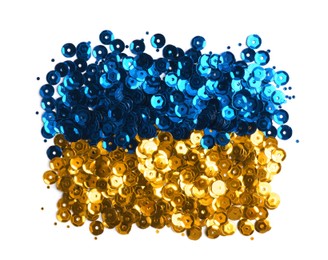 Photo of Ukrainian flag made of blue and yellow sequins isolated on white, top view