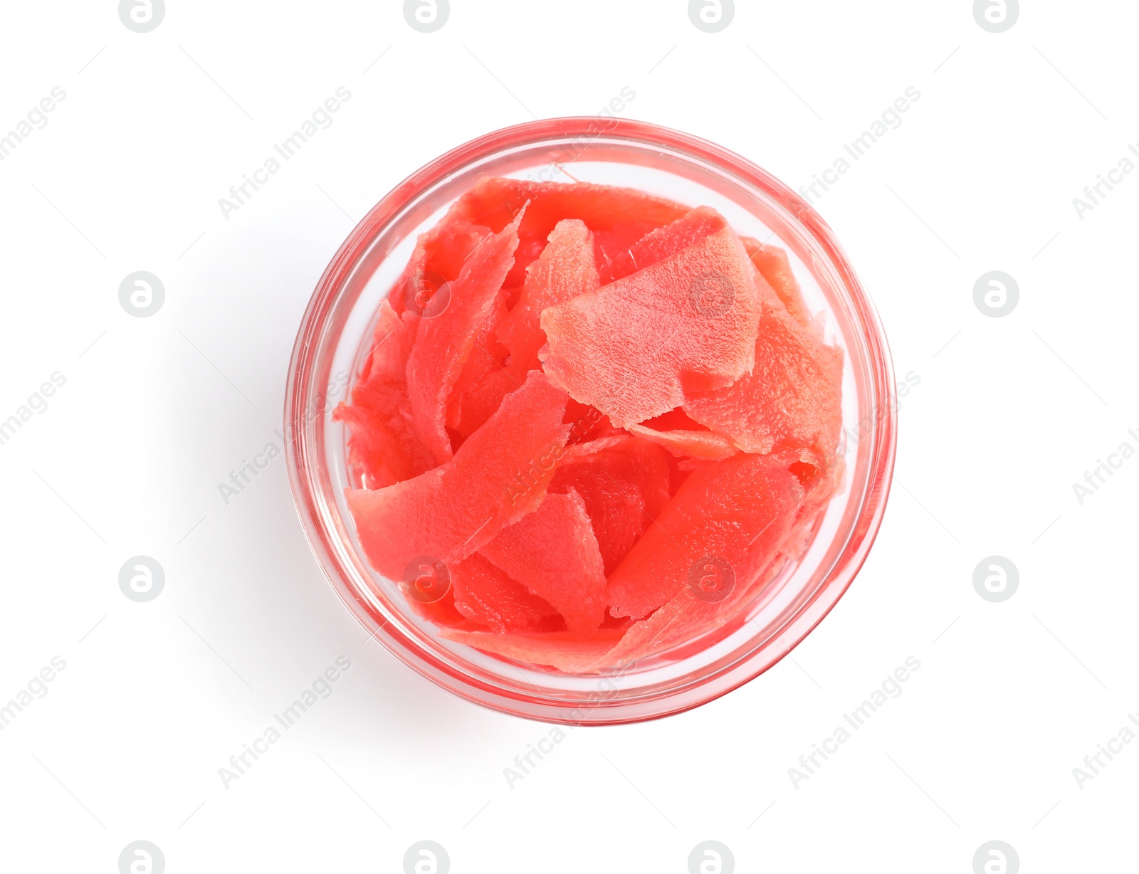 Photo of Piquant pickled ginger in bowl on white background, top view.  Delicious sauce condiment