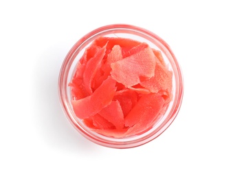 Photo of Piquant pickled ginger in bowl on white background, top view.  Delicious sauce condiment