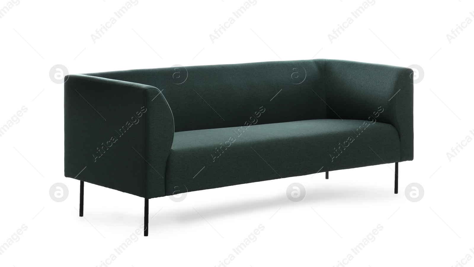 Photo of Stylish comfortable dark sofa isolated on white. Furniture for living room interior