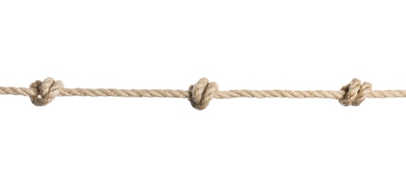 Photo of Rope with knots on white background. Simple design