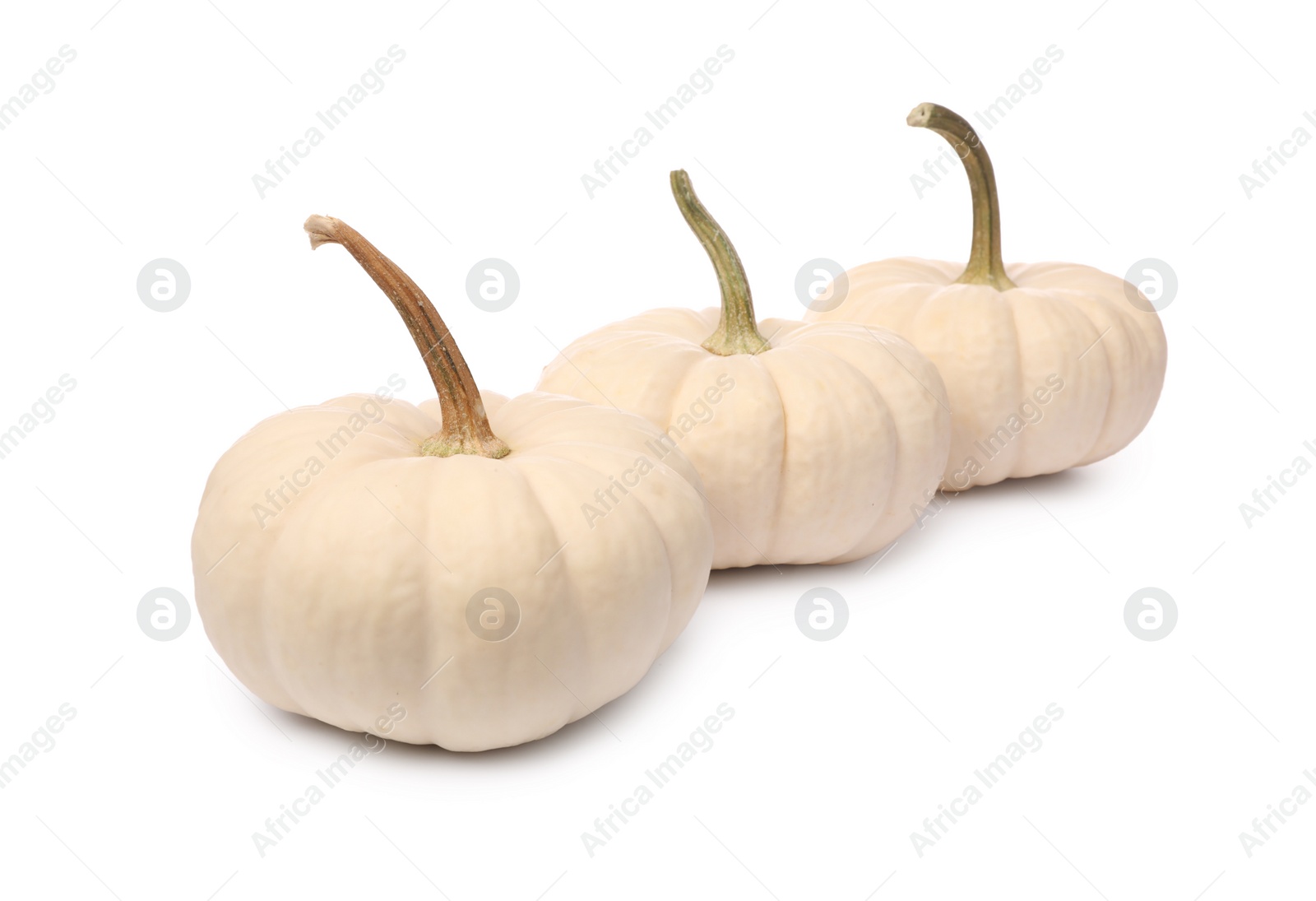 Photo of Three ripe beige pumpkins isolated on white