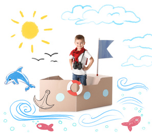 Image of Cute little boy playing in cardboard ship on white background with illustrations