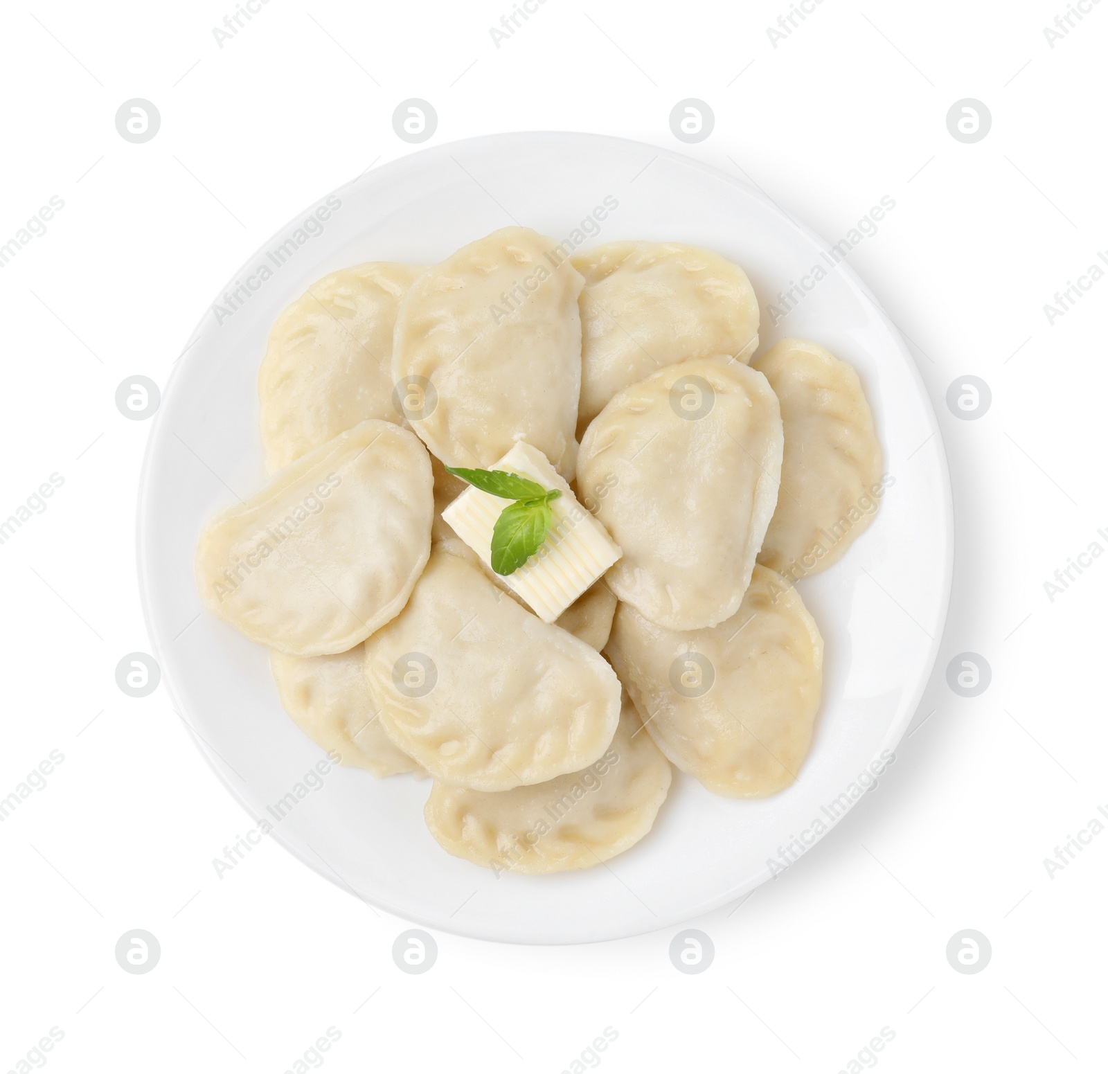 Photo of Delicious dumplings (varenyky) with tasty filling and butter isolated on white, top view