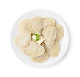 Photo of Delicious dumplings (varenyky) with tasty filling and butter isolated on white, top view