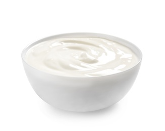 Bowl with creamy yogurt on white background