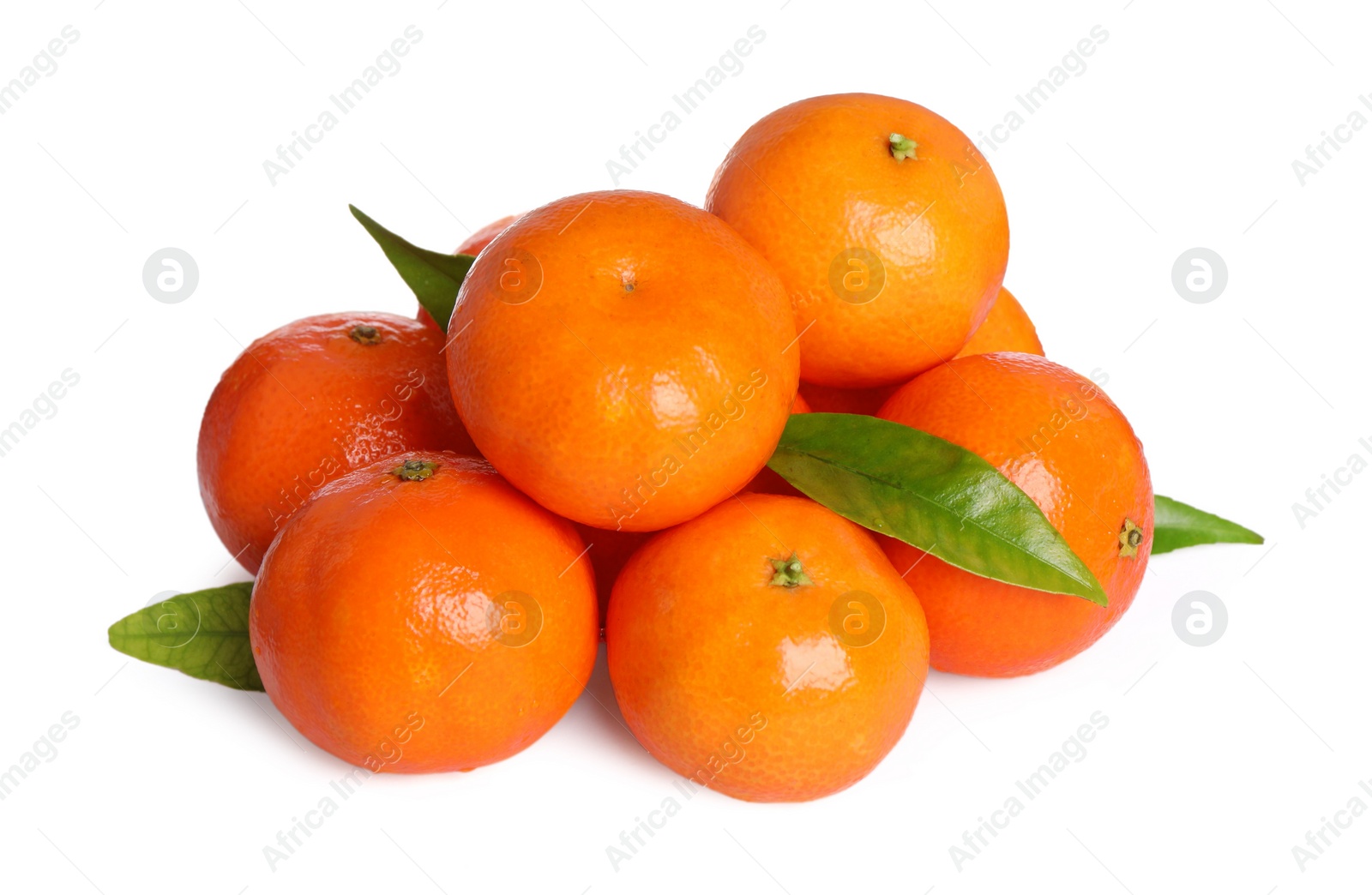 Photo of Fresh ripe tangerines and green leaves isolated on white