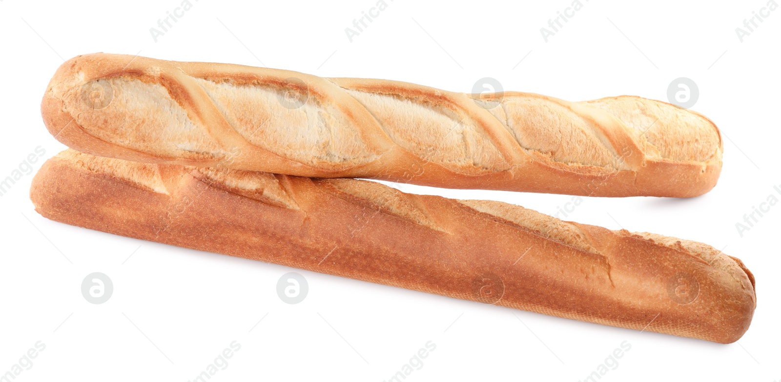 Photo of Tasty baguettes on white background. Fresh bread