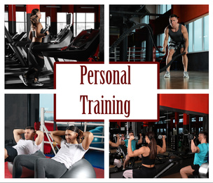 Collage of people in modern gym and text Personal Training