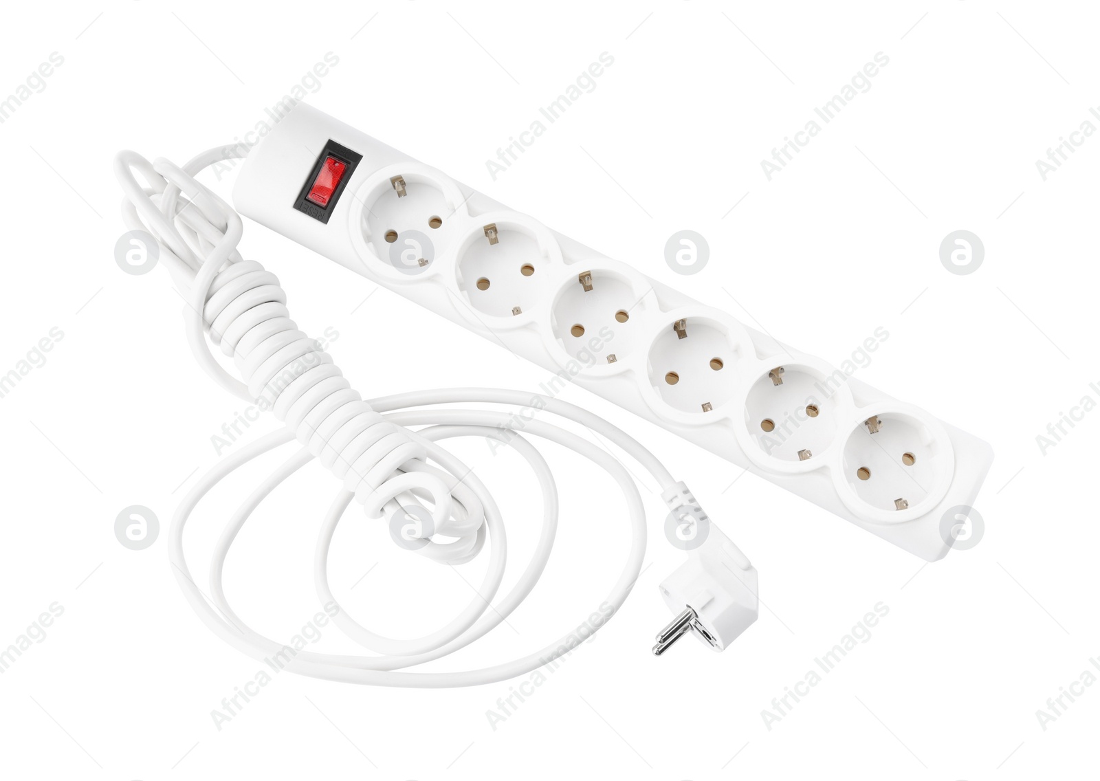 Photo of Power strip on white background, top view. Electrician's equipment