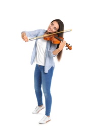 Photo of Beautiful woman playing violin on white background