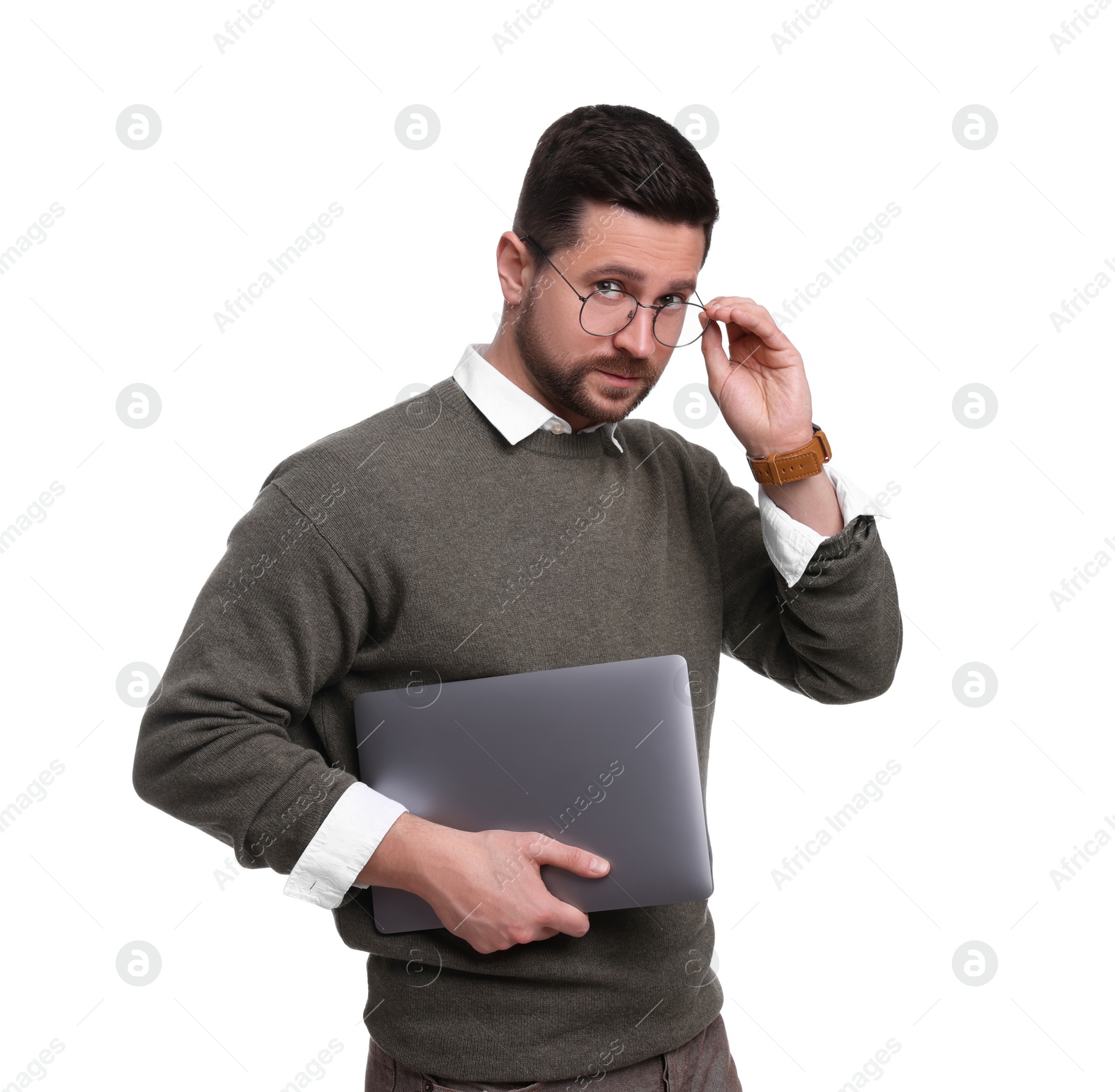 Photo of Handsome bearded businessman with laptop on white background