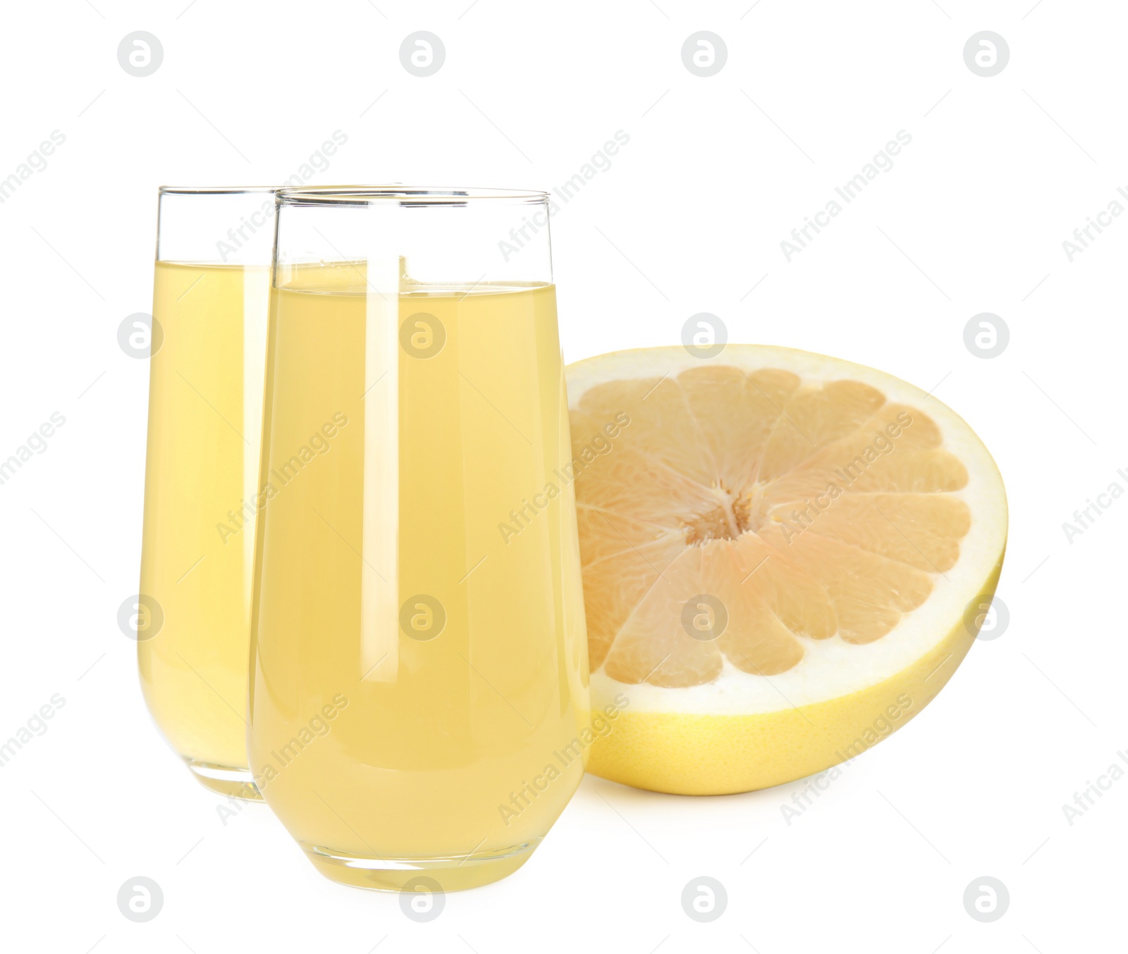 Photo of Glasses of fresh pomelo juice and fruit isolated on white