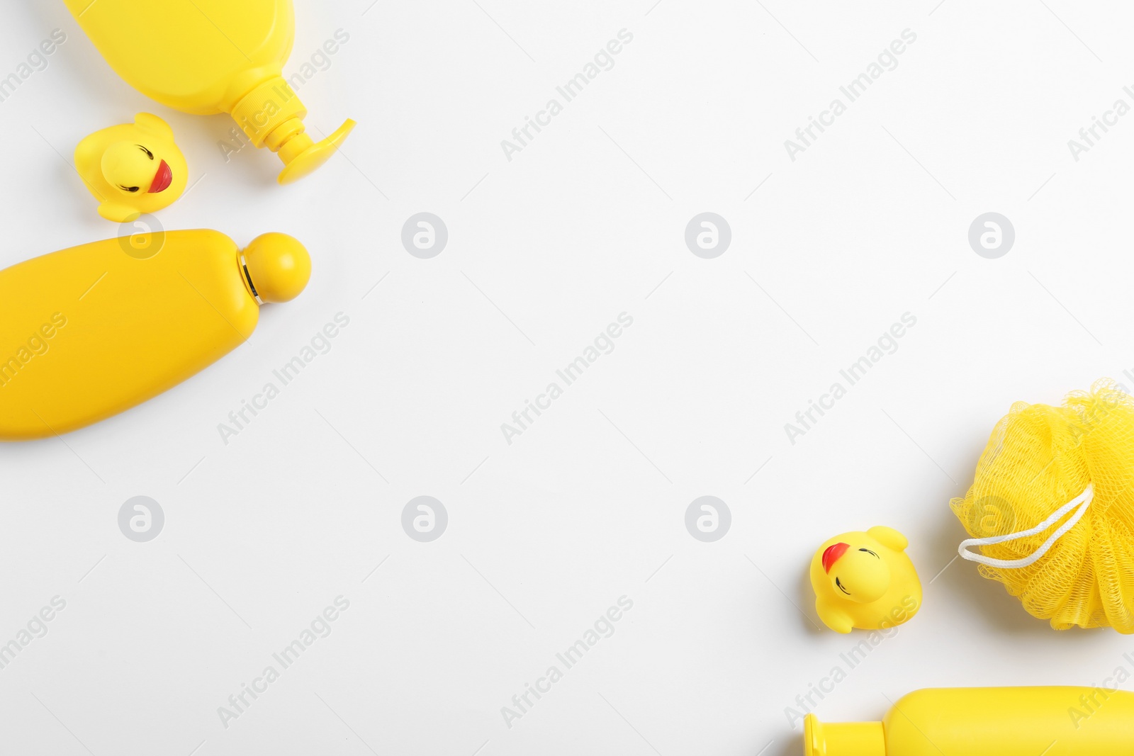 Photo of Composition with baby cosmetic products on white background, top view.