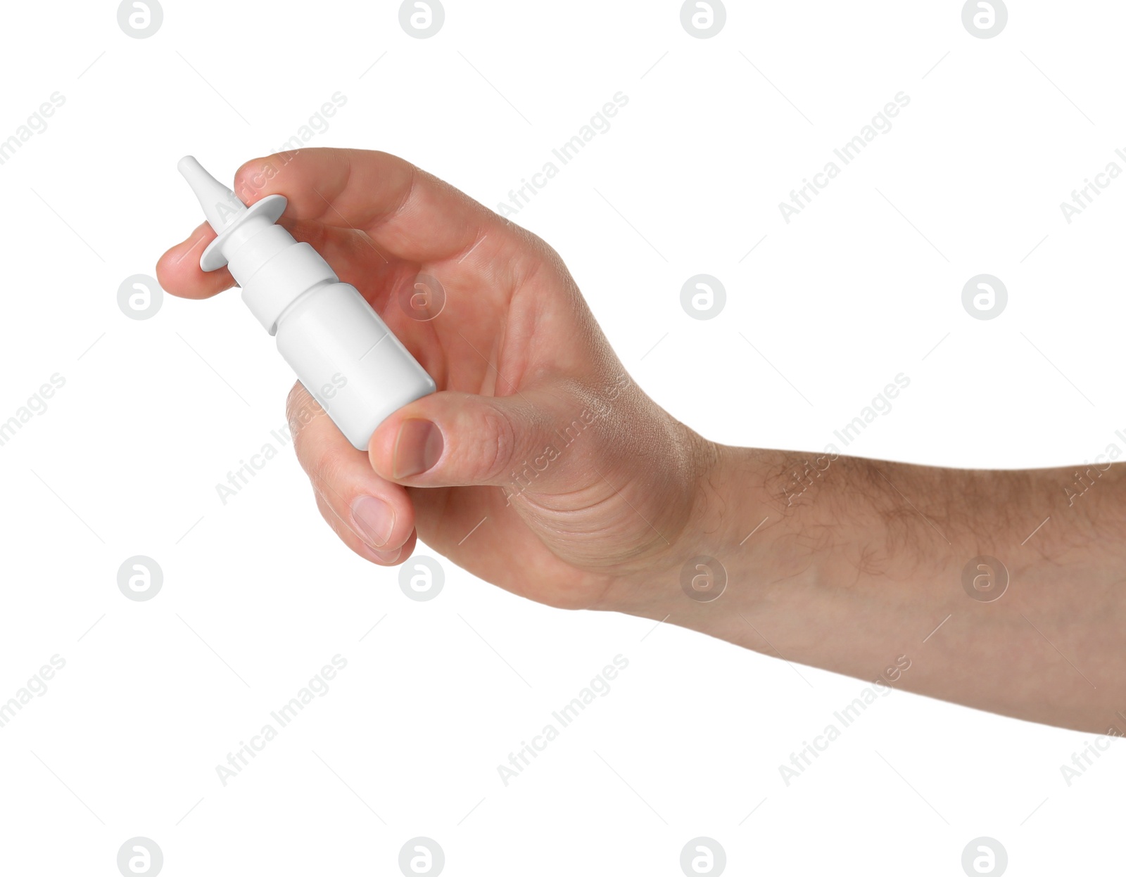 Photo of Man holding nasal spray on white background, closeup