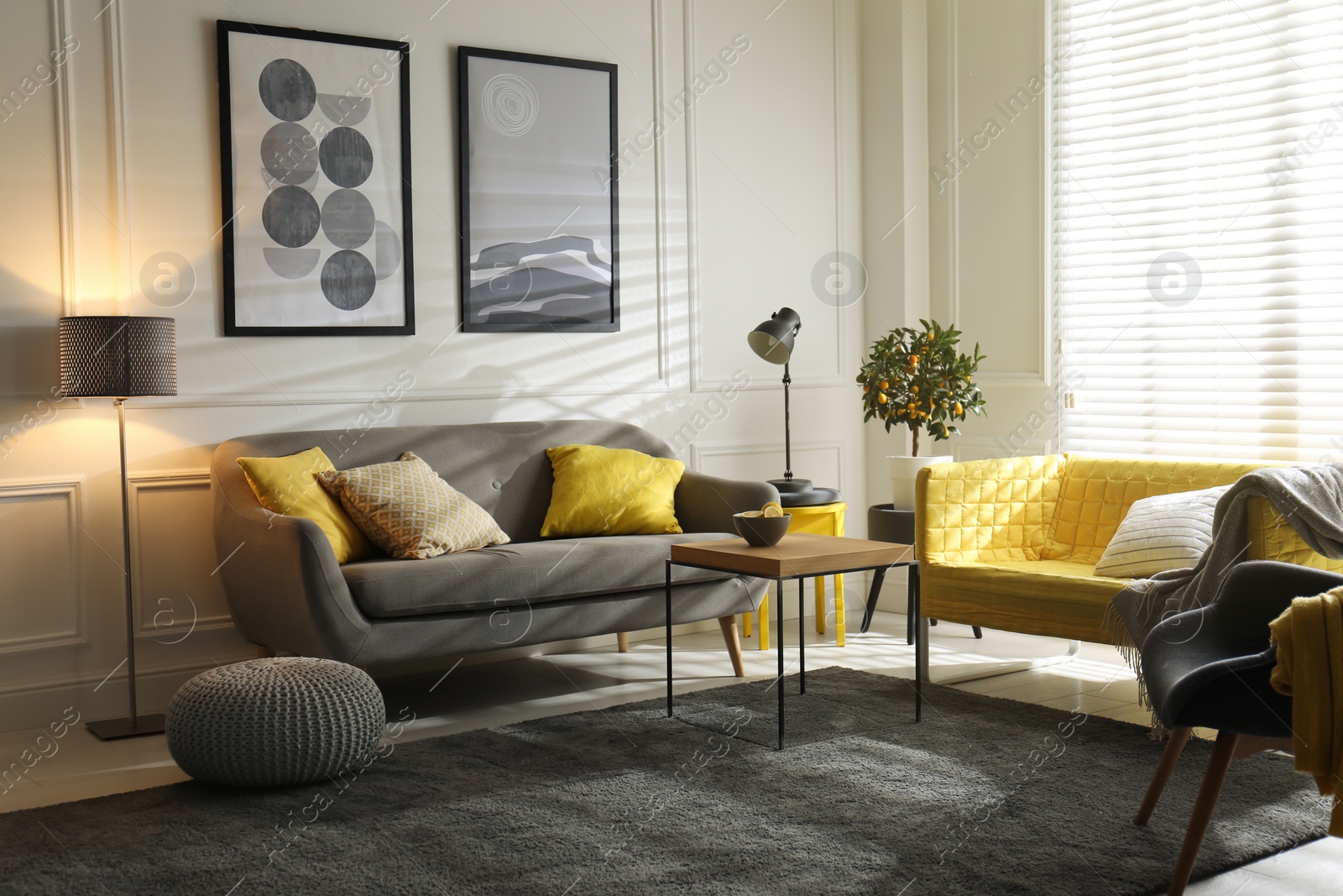 Photo of Stylish living room with sofas. Interior design in grey and yellow colors