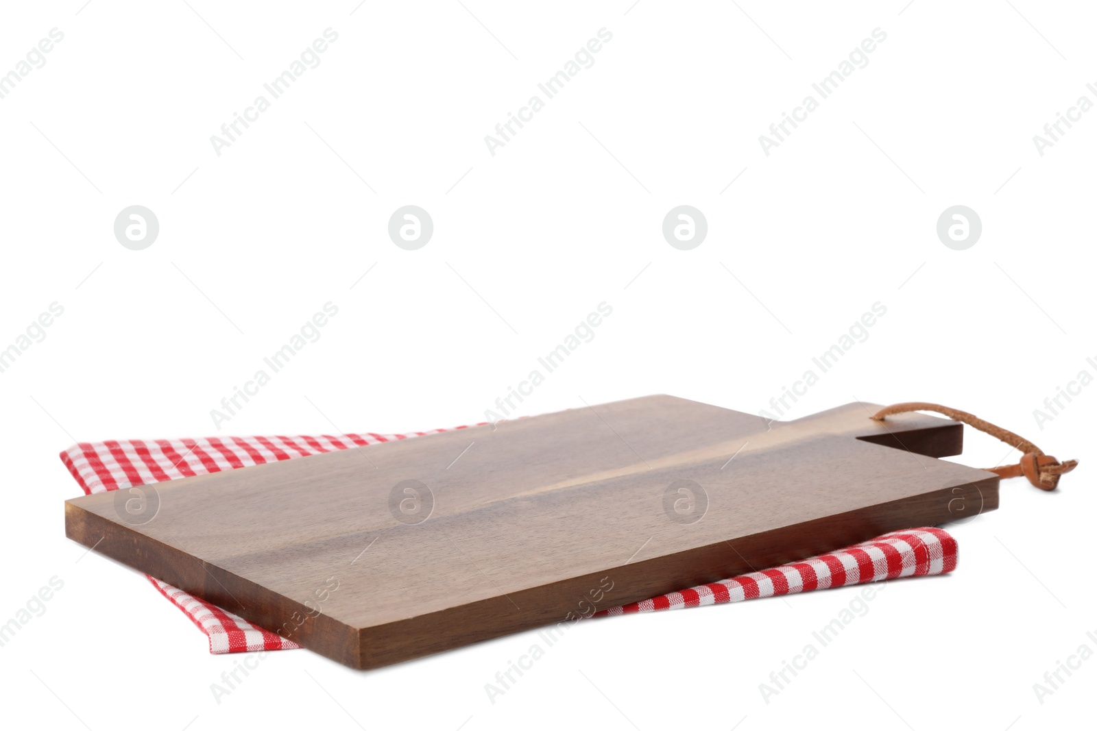 Photo of Wooden board and checkered napkin isolated on white